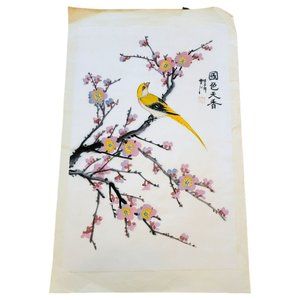 Chinese Hand Painted Fabric Art Yellow Bird + Cherry Blossoms Vintage LI5116